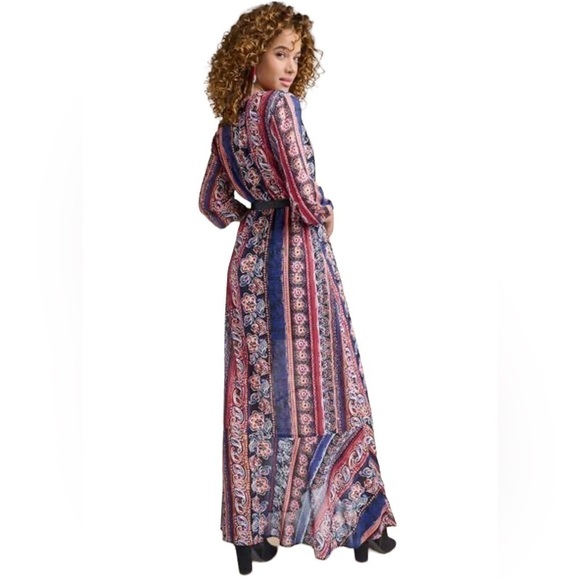 Venus women’s printed striped maxi dress 3/4 sheer sleeves v neckline size 6 - Picture 4 of 17